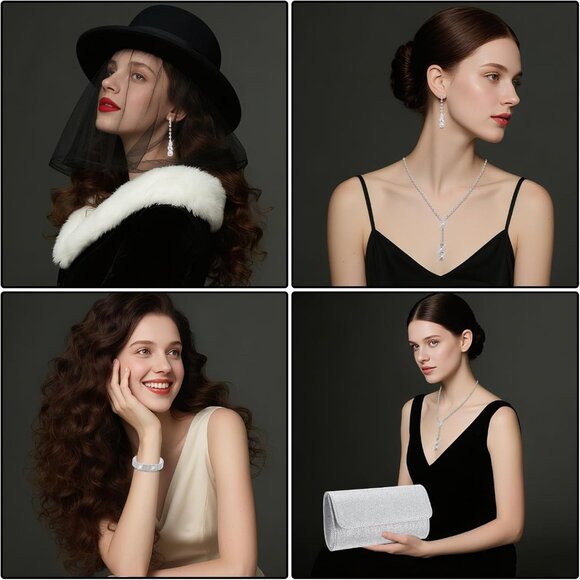 Elegant Silver Clutch Purse and Rhinestone Jewelry Set for Women - Bridal Prom W - Picture 3 of 7